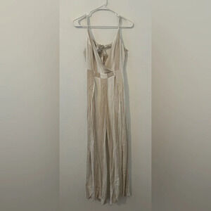 L’Atiste Tan  Striped Sleeveless Jumpsuit Open Back Cotton Linen Wide Leg NWT M